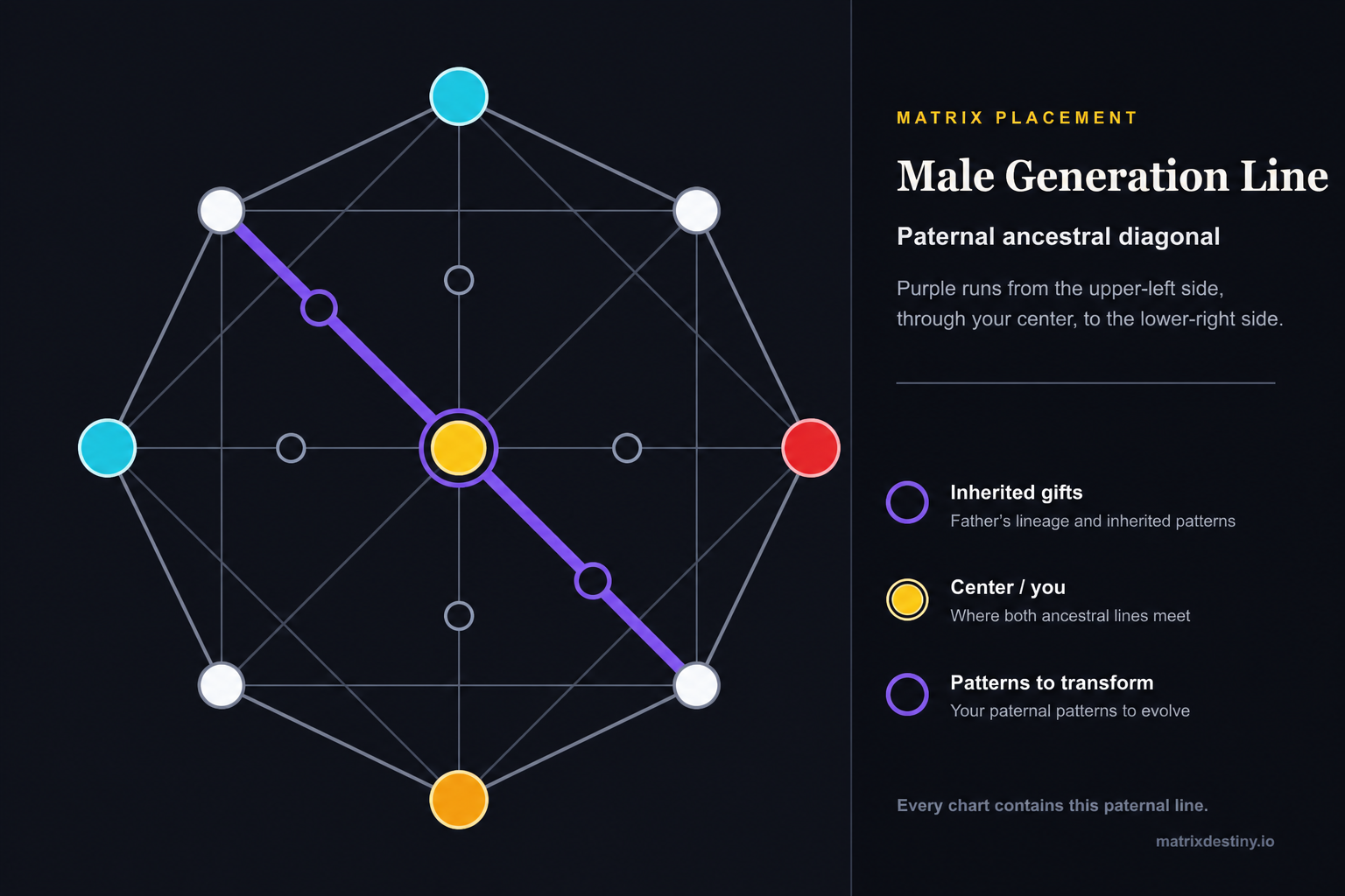 Annotated Matrix Destiny chart highlighting the purple Male Generation Line from the upper-left through the center to the lower-right.