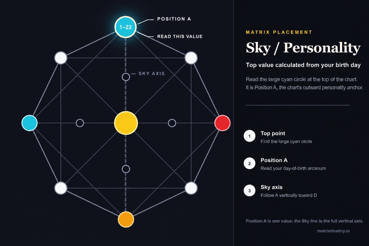 Annotated Matrix Destiny chart highlighting Position A, the large cyan Sky and Personality arcanum at the top of the vertical axis.