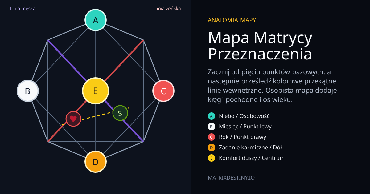 Opisana mapa Matrycy Przeznaczenia z punktami A–E, męską i żeńską linią rodową, obszarem miłości i pieniędzy