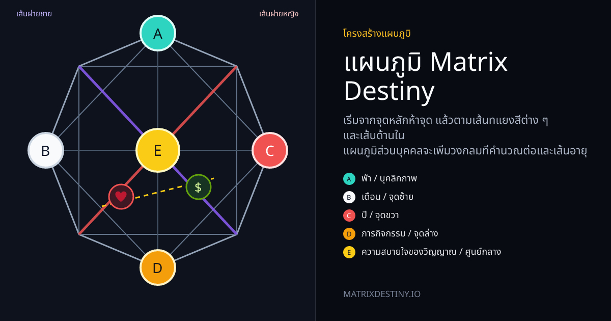 แผนภูมิ Matrix Destiny พร้อมป้ายจุด A ถึง E เส้นบรรพบุรุษฝ่ายชายและฝ่ายหญิง พื้นที่ความรัก และพื้นที่การเงิน