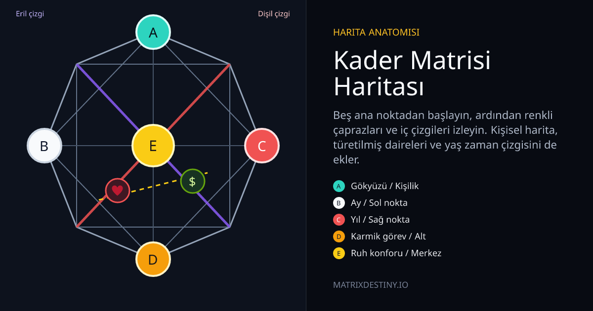 A ile E ana noktalarını, eril ve dişil nesil çizgilerini, aşk ve para alanlarını gösteren etiketli Kader Matrisi haritası